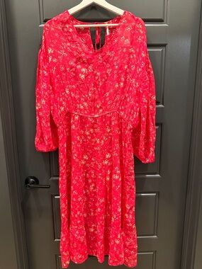 NWT Free people Floral pink midi Dress with Balloon Sleeves size XL